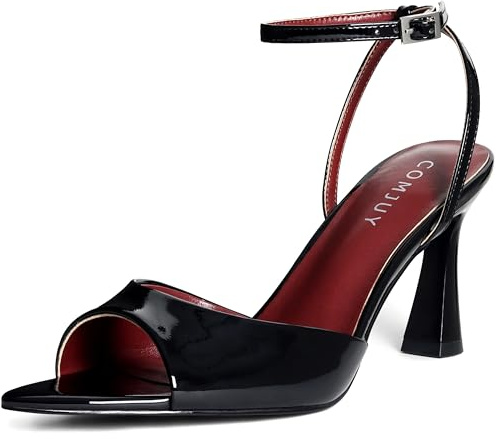 COMJUY Black Heels for Women Peep Pointed Toe Kitten Heeled Sandals Strappy Flared Heels Elegant Leather Sandals Comfortable Chic Summer Prom Wedding Sexy Dress Shoes Size 9