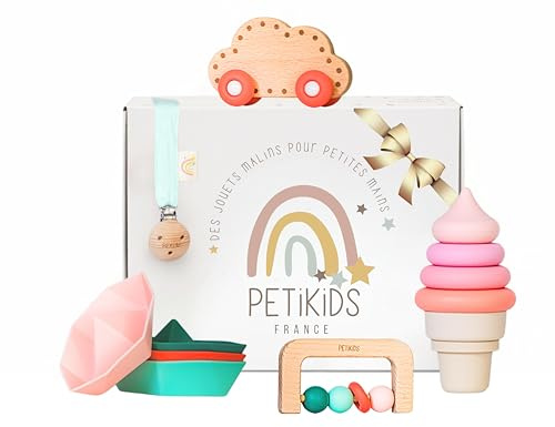 Spielzeug für Babys, 3-36 Monate – Geschenkset zur Geburt – 5 Montessori-Spiele aus Holz & Silikon (Grün und Rosa)