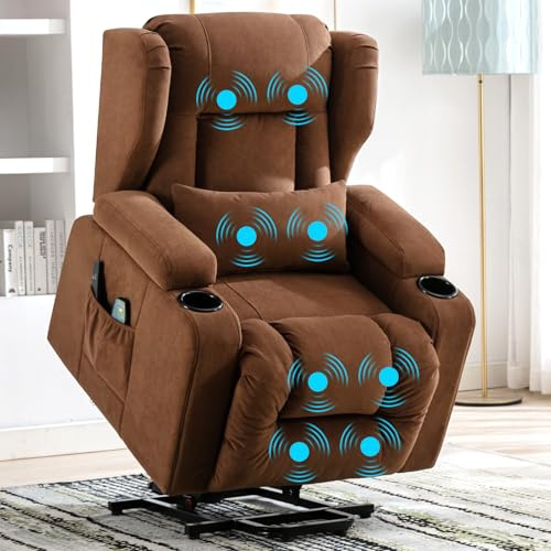 COMHOMA Elektrischer Relaxsessel, Wohnzimmer, Massage TV Neigungsfunktion, Vibrationen, Verstellbare Rückenlehne mit Fußstütze und Getränkehalter, Stoff, Braun