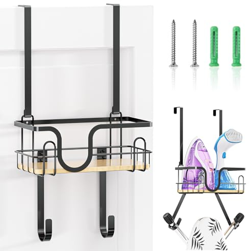 LOXSUN Soporte para tabla de planchar sobre la puerta, colgador de tabla de hierro montado en la pared, colgador de hierro y tabla de planchar con cesta, ganchos ajustables para hierro (negro)