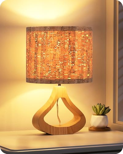 EDISHINE Lampe de Chevet en Bois, Abat-jour en Écorce naturelle et Base Teintée Chêne Clair, E27 Douille, 2700K Ampoule LED Incluse, H34 cm, Ø21 cm, Design Moderne et Boho pour Salon, Chambre