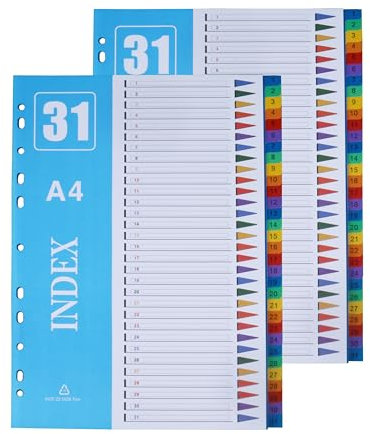 JALVPI 2er 31 Teilig A4 Register Trennblätter für Ordner, Kunststoff, 1-31 Registertrenner für Organisation, 225x297mm
