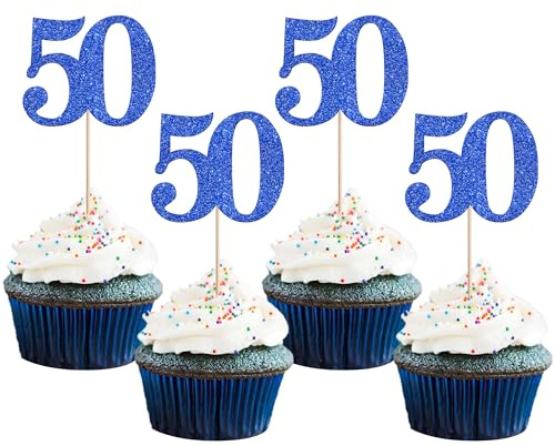 Xsstarmi 36 Pack Number 50 Cupcake Toppers Glitter Cheers to 50 Years Birthday Cupcake Picks Decoration for Happy 50th Birthday Wedding Anniversary Party Cake Decorations Blue
