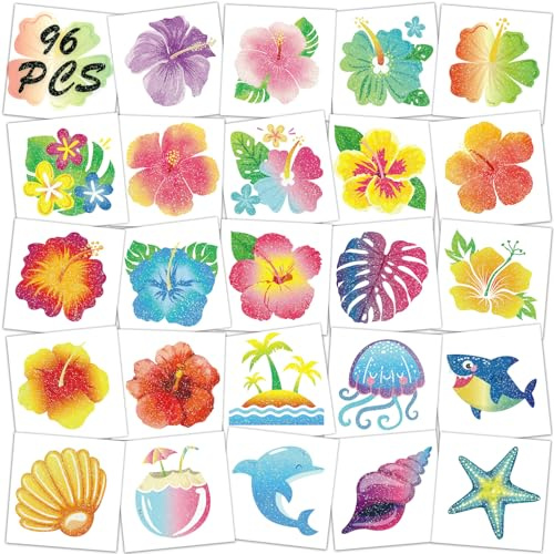 Qpout Glitter Hibiskus temporäre Tattoos für Aloha Party Dekoration, 96pcs vorgeschnitten individuell Hawaii Blume Tattoos, Sommer Hibiskus Fake Tattoo Aufkleber für Kinder Frauen Party