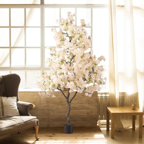 Künstliche Kirschblüten Kunstbäume, Künstlicher Bonsaibaum Groß, Kunstpflanzen Draußen Veranda Mit Topf, Große Kunstpflanzen Für Haus, Veranda, Eingang, Büro(White)