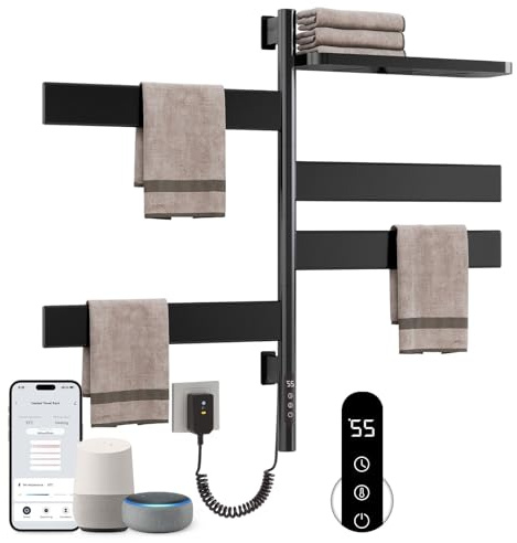 SKYLYZH Scaldasalviette Elettrico Bagno, Rotazione di 180° Termoarredo Elettrico Bagno, 450×770mm, 120W, WiFi Nero Scalda Salviette da Bagno Elettrico, per Alexa e Google Home e APP-G69 WiFi Black