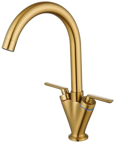 Eovem Brushed Gold Kitchen Tap, 360° Swivel Spout Swan Neck Sink Mixer Taps, Dual Lever Kitchen Faucet