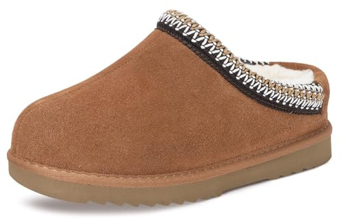 Dokela Enfants Suède Chaussons Hiver Chaud Doublure en Feutre Cuir Véritable Pantoufles Garçons Filles Imperméables Antidérapant Confortable Bottes De Neige,Marron,38 EU