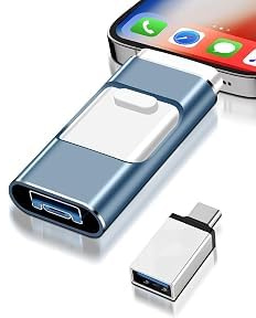 Memoria USB de 64 GB para iPhone, No se Requiere aplicación, con certificación MFi 4 en 1 para Android/PC, con Copia de Seguridad Plug-and-Play para Fotos, Transferencia rápida (Blue)