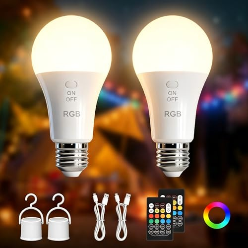 Kambo E27 LED RGB Colores Bombilla, Recargable con mando a distancia | regulable función cambio de color temporizador para camping al aire libre y Navidad, 2 pizeas
