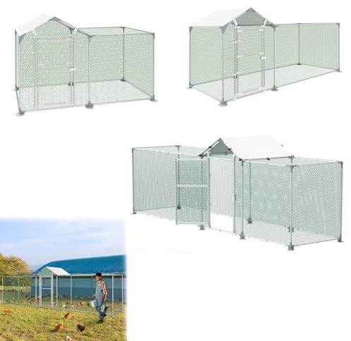 LILIIN Utomhuskapsling kycklingstall, galvaniserad stålram, hönshus, ytterhölje för husdjur, fågelbur för smådjur, med lås och PVC-belagt skuggtak, 400 x 100 x 150 cm