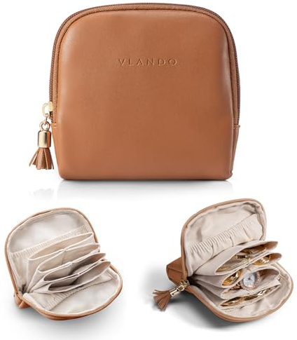 Vlando Organiseur de bijoux de voyage, pochette à bijoux avec fermeture éclair, doublure en velours, sacs à bijoux pour bagues, bracelets et colliers, marron