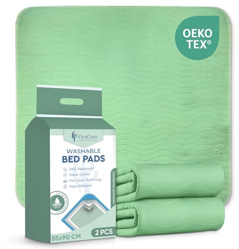 2 x Washable Incontinence Bed Pads | 85 x 90 cm | Incontinence Bed Sheets | Suitable for Single Bed | without Tucks/Flaps & Colour Green | Absorbent Pads | (1 Pack of 2)