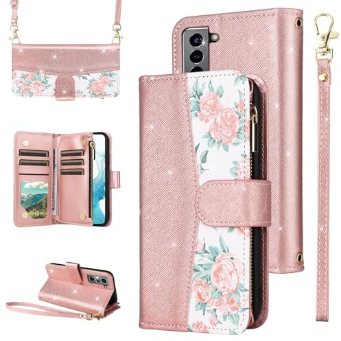 ELISORLI for Samsung Galaxy S21 5G 6.2 inch Floral Wallet Case with Flip Zipper Purse Wrist Strap Shoulder Strap, Luxury Glitter PU Leather Card Holder Stand Cell Phone Cover for S 21 21S G5 Rose Gold