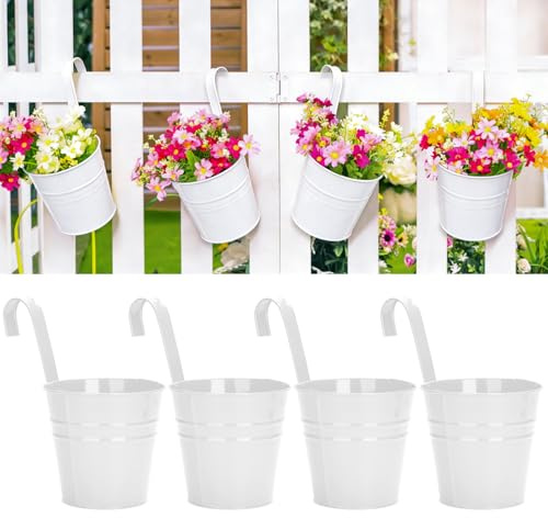 KINGLAKE 4 Stück 10cm Blumentöpfe zum Aufhängen Hängend，Weiß Blumentopf Metall,Große Hängetopf mit Abnehmbarem Haken und Loch, für Balkon, Zäune, Fenster, Geländer