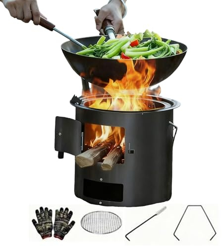Quemador de leña, ligero con asa, hornillo de gas con parrilla y guantes, para cocinar al aire libre, barbacoa, picnic