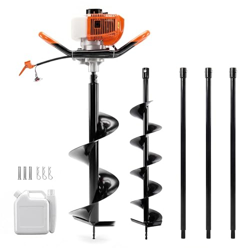 Garvee Tarière thermique 52cc 2 temps – Kit outils jardinage manuel – 2 mèches (15 cm & 25 cm) + 3 rallonges – Profondeur max 3,2 m – Cadre acier anti-vibration – Idéale clôtures, terrasse, plantation