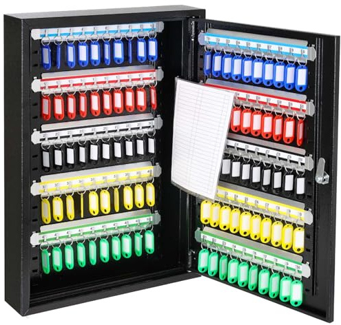 HMF Schlüsselschrank groß aus Stahl, abschließbarer Schlüsselkasten für Büro, Verwaltung oder Fuhrpark | 100 Schlüsselhaken | 55 x 38 x 8 cm | Schwarz