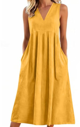 Vestidos Verano Mujer 2026,Cuello V Algodón y Lino Vestido Mujer Verano Casual Sueltos Color Sólido Vestidos Largo Cintura Alta con Bolsillos Cómodo y Transpirable Maxi Vestidos Playeros