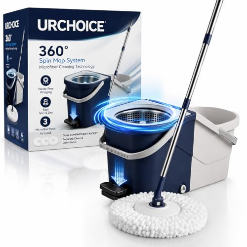 Spin Mop and Bucket with Wringer Set, Blue | Dual Chamber Clean & Dirty Water Separation, Foot Pedal Hands-Free Wringing, Microfibre Mop Head, Stainless Steel Spinner