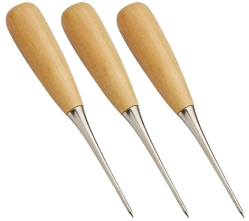 CRAFTHROU Set 3 Pezzi Punteruoli da Cucito Fai da Te Manico in Legno e Punta in Metallo, Strumenti per Lavorazione Pelle, Comodi e Facili da Impugnare per Perforare