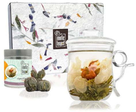 The Exotic Teapot - Glass Mug Flowering Tea Gift Set, Tea Infuser Mug (350ml), Tin of Vanilla Dreams Blooming Teas, Handmade Gift Box