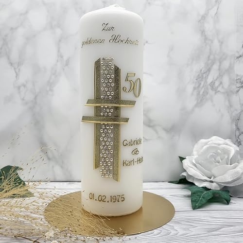 Handverzierte Kerze zur goldenenHochzeit mit Namen & Datum GH-15 -HANDARBEIT Geschenkverpackung und Kerzenständer optional