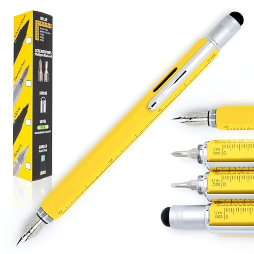 Monteverde USA 9-in-1 Tool Fountain Pen in Yellow – Medium Nib, Multifunctional Pen with Stylus, Screwdrivers, Level, and Ruler – Exclusive Collection, Ideal Gift for Professionals