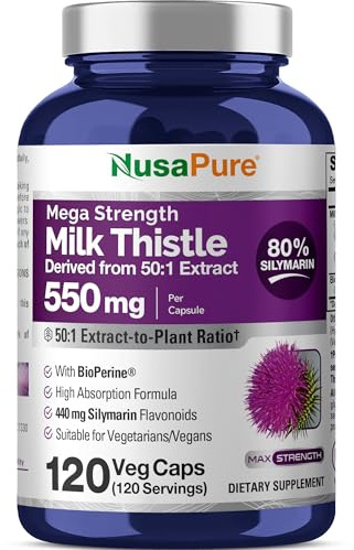 NusaPure Milk Thistle Capsules, 550 mg, 120 Veg Capsules (Non-GMO, Vegan)
