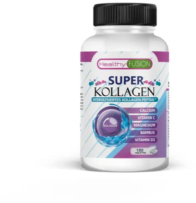 Healthy Fusion, Super KOLLAGEN | Hydrolysiertes Peptan-Kollagen mit Magnesium, Calcium, Vitamin C und D3 | Für Gelenke, Haut, Haare, Nägel und allgemeines Wohlbefinden | 180 Tabletten