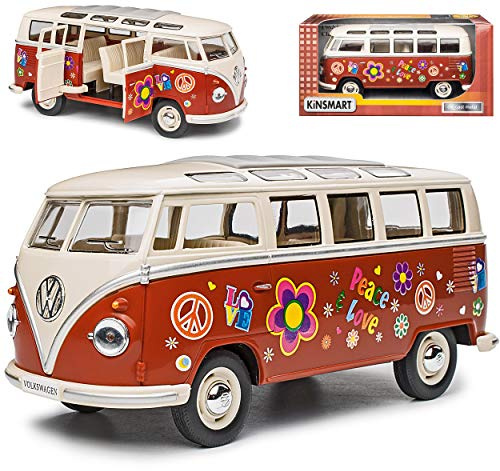 Kinsmart Volkwagen T1 Rot mit Beige Samba Bully Bus Flower Power 1950-1967 1/24 Modell Auto mit individiuellem Wunschkennzeichen