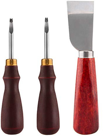 LUTER 2 Pezzi Smussatore Per Bordi In Pelle?1mm, 1.5mm? e 1 Pezzo Coltello Da Taglio In Pelle Coltello Da Rasatura Strumenti Con Manico In Legno Per Artigianato In Pelle Fai-Da-Te