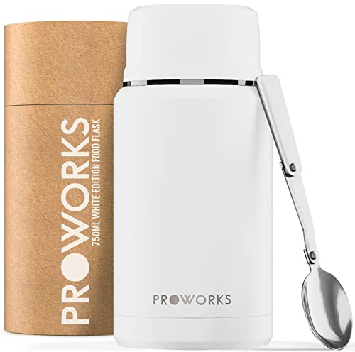 Proworks Vacuum Insulated Food Flask 750ml, With Thermal Stainless Steel & Folding Spoon for Hot or Cold Food - White - 750ml