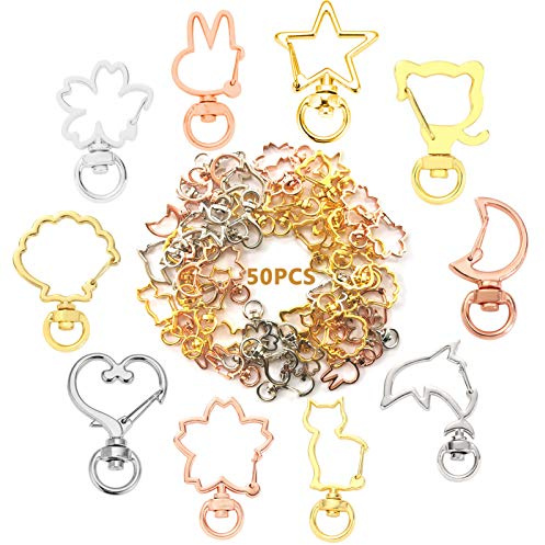 50 Stück Metall-Karabinerhaken in Sternform für Schmuckherstellung, Legierung Herzverschluss Schlüsselringanhänger Ringe für Handwerk DIY Kreative Karabinerhaken Lanyard für Tasche (10 Formen)