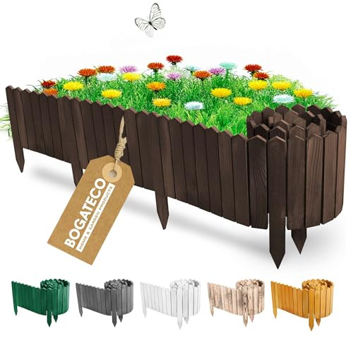 BOGATECO Beeteinfassung Holz Rollborder Holzlatten | Rollzaun 10cm Hoch & 200cm lang | Holz-Zaun | Staketenzaun Perfekt als Beet-Umrandung oder Weg-Abgrenzung | Dunkelbraun