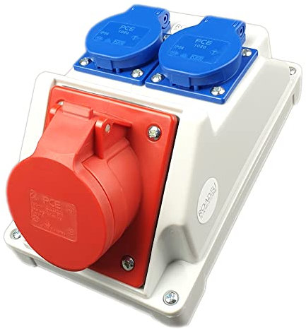RoadEu Kombi Wandsteckdose 16A 5P mit 2x Schuko 230V. CEE + Doppelsteckdosen, Stromverteiler IP44