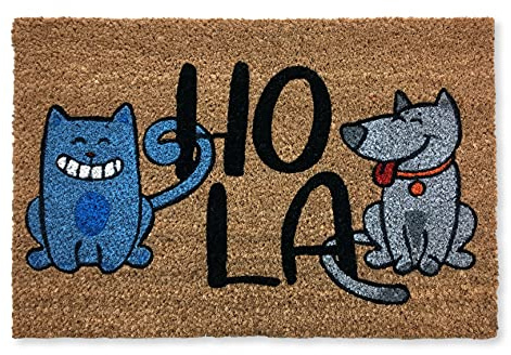 Fußmatte Katze Kokos Außen und Innen Lustig, 60x40 cm. Hola Cat & Dog | Rutschfeste Kokos Türmatte für Haustür, Innen & Aussen, Ideal Schmutzfang und Eingangsmatte, Doormat Motiv Katze Hund