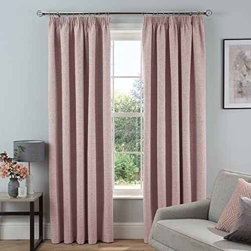 Sleepdown Textured Rib Weave Pencil Pleat Blackout Lined Curtains Thermal Insulated for Bedroom and Living Room, Blush 2 Panels, 2 x 90 x 90