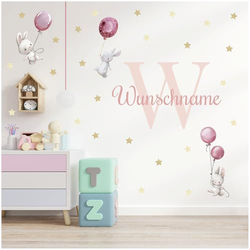 yabaduu Wandsticker personalisiert Sticker Aquarell Tiere mit Name Wandtattoo für Kinderzimmer Babyzimmer Spielzimmer Mädchen Junge Y037 (Nr. 6 Hasen mit Ballons Rosa, Mit Wunschname)
