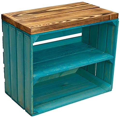 Kistenkolli Altes Land Sitzkiste Johanna Obstkiste und massiven Holzplanken Schuhablage Schuhkommode Hocker Sitzbank Holzbank Regalkiste aus Holz Maße 50 x 30 x 43cm L x T x H (Türkis/geflammt)