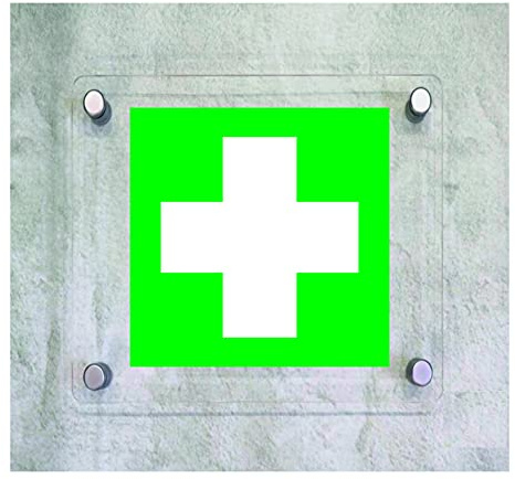 CARTELLO IN PLEXIGLASS SEGNALETICO - Croce Pronto soccorso - Con Distanziali in acciaio inox e Stampa U.V. (20x20 cm)