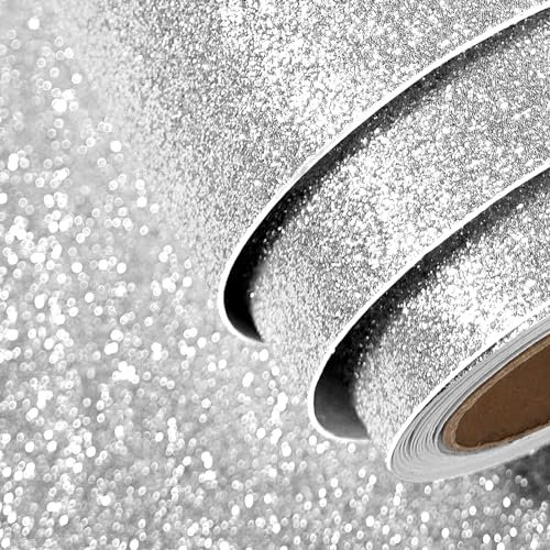FunStick Glitzer Tapete Silber 40CMx2M Glitzerfolie Selbstklebend Silber Folie Für Möbel Sticker Glitzer Aufkleber Glitzerpapier zum Basteln Selbstklebend Plotterfolie Vinyl Klebefolie Basteln Kinder