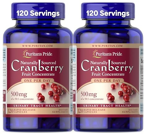 Puritan's Pride Naturally Sourced Cranberry One Per Day Fruit Concentrate 500mg, 50:1 Dietary Supplement for Urinary Tract Support, 4 Month Supply, 120 Rapid Release Capsules, 2 Pack