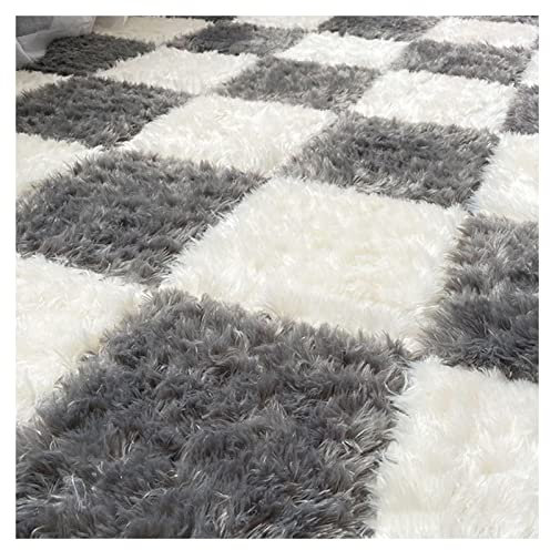 FYYSJW 16Pcs Soft Tiles Foam Interlocking Floor Mats,Puzzle Play Mats,Long Plush Splicing Carpet Area Rug for Play Room Playmat,Bedroom Floor Tiles,12X12inch,White+Grey