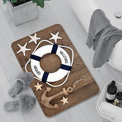Badematte rutschfest, Badteppich für Badezimmer,Anker, Rettungsring Anker Seestern Muscheln über alte Eiche Hintergrund Marine Lifestyl,Waschbar Badezimmerteppich für Wohnzimmer Schlafzimmer 60x100 cm
