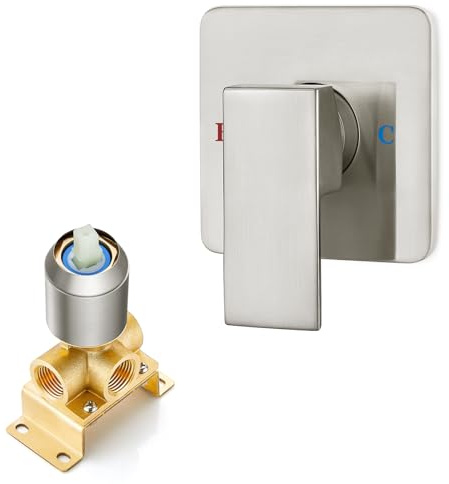 Heyalan Bathroom Shower Valve Mixer Single-Function Single Handle Trim Kit Wall Mount Brass Faucet Shower Rough-In Valve Female Thread,Square,Brushed Nickel