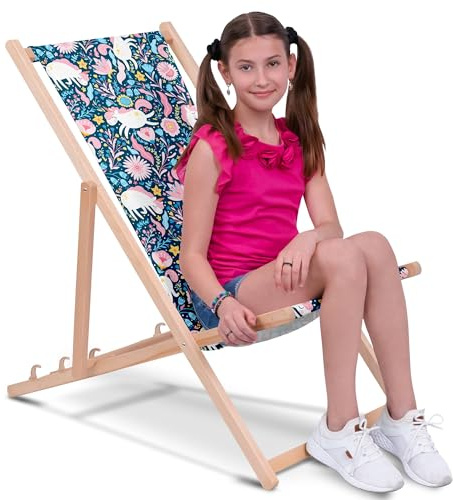 DreamRoots Kinder Liegestuhl Holz Gr. M, Unicorn in the Flowers | Klappbarer Campingstuhl faltbar, für Garten & Strand, bis 130 kg, waschbarer Bezug, 100% Polyester, UV-beständig, Kinderliege