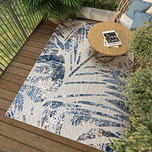 Mazovia In-& Outdoor Teppich Balkon 80x200cm Anthrazit Blau Florales Muster | In-& Outdoor Teppich für Wohnzimmer Schlafzimmer Terrasse Büro Boho Wetterfest Pflegeleicht UV-Beständig Tierfreundlich