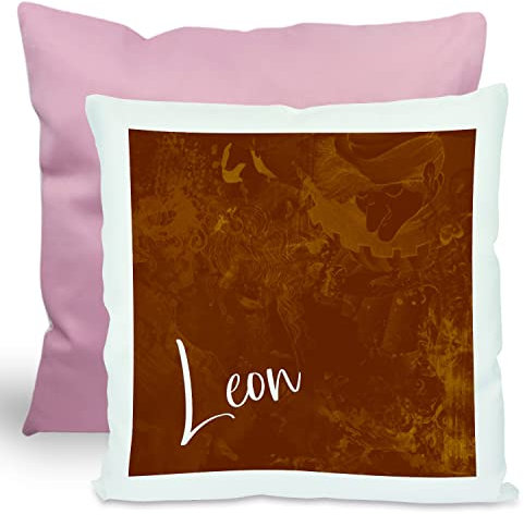 CreaDesign, Kinder Kissen 40x40 cm personalisiert mit Namen, Kinderzimmer Deko Kissen Kinder mit Füllung Federn, Motiv Traum braun, Rückenfarbe Rosa