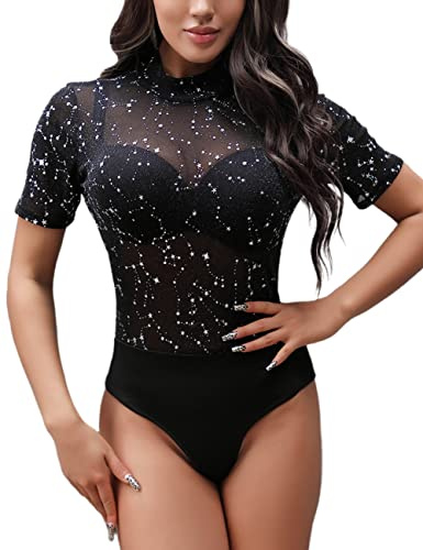 MAYFASEY Damen Bodys Sexy Langarm Mesh Durchsichtiger Jumpsuit Body Top